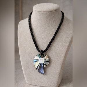 Abalone Shell Spiral Pendant Necklace Black Beaded Cord Statement